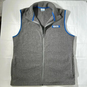 Columbia PFG Vest Men L Gray Blue Trim Fleece Full Zip Pockets Outdoors Fishing
